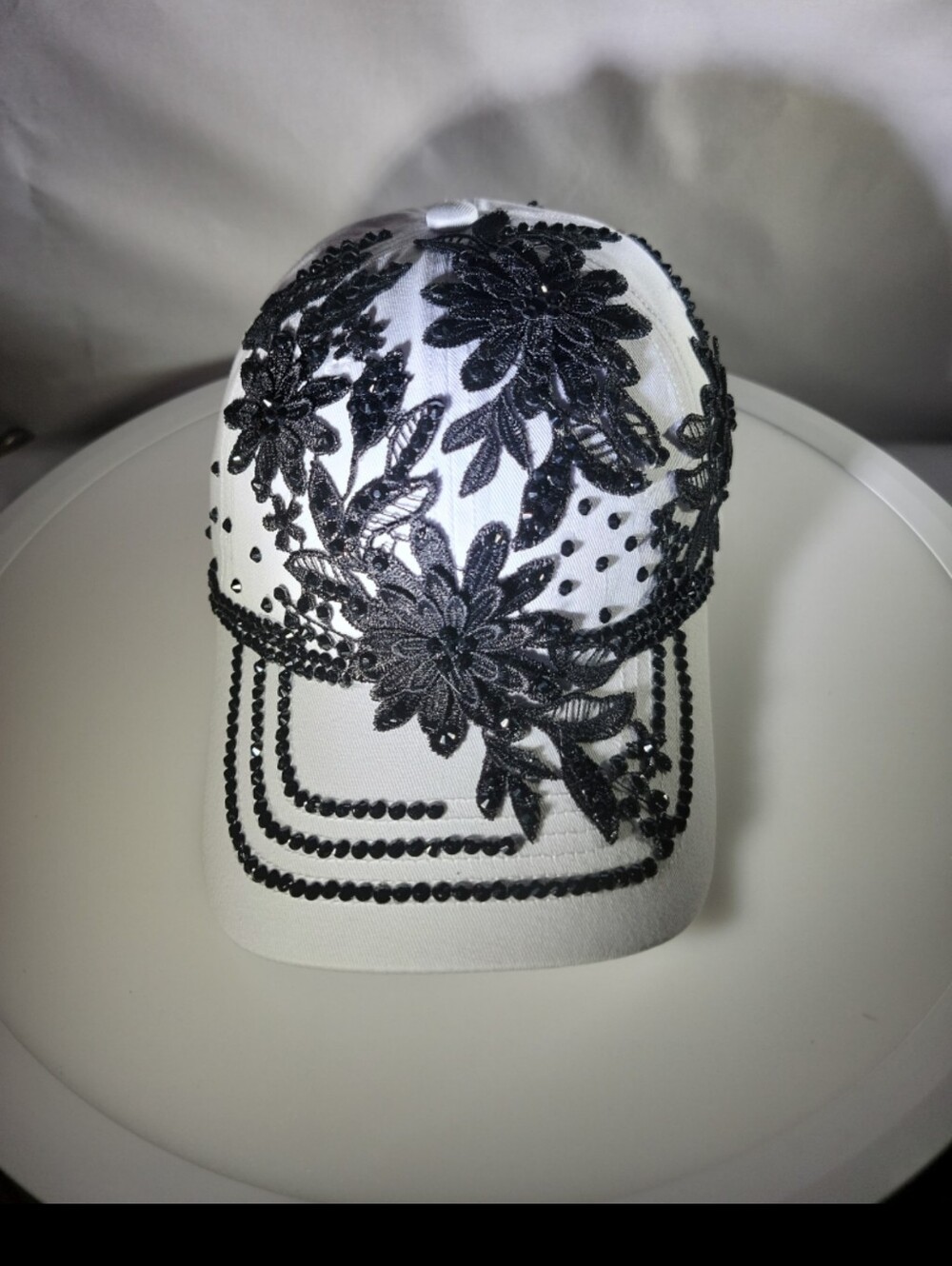 White Baseball Cap with Black Floral Lace Appliqué